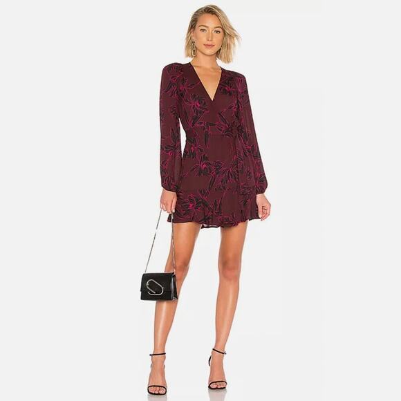 A.L.C. Embry Wrap Silk Mini Dress in Bordeaux & Black - Picture 1 of 12